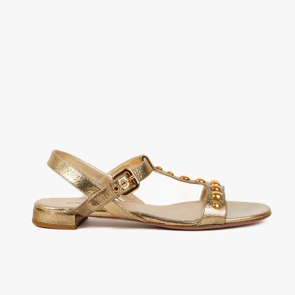 Prada Gold Metallic Studded Flat Sandals - Picture 1 of 10